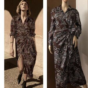 Zara Satin Brown Black Floral Wrap Midi Shirt Dress 9445/853